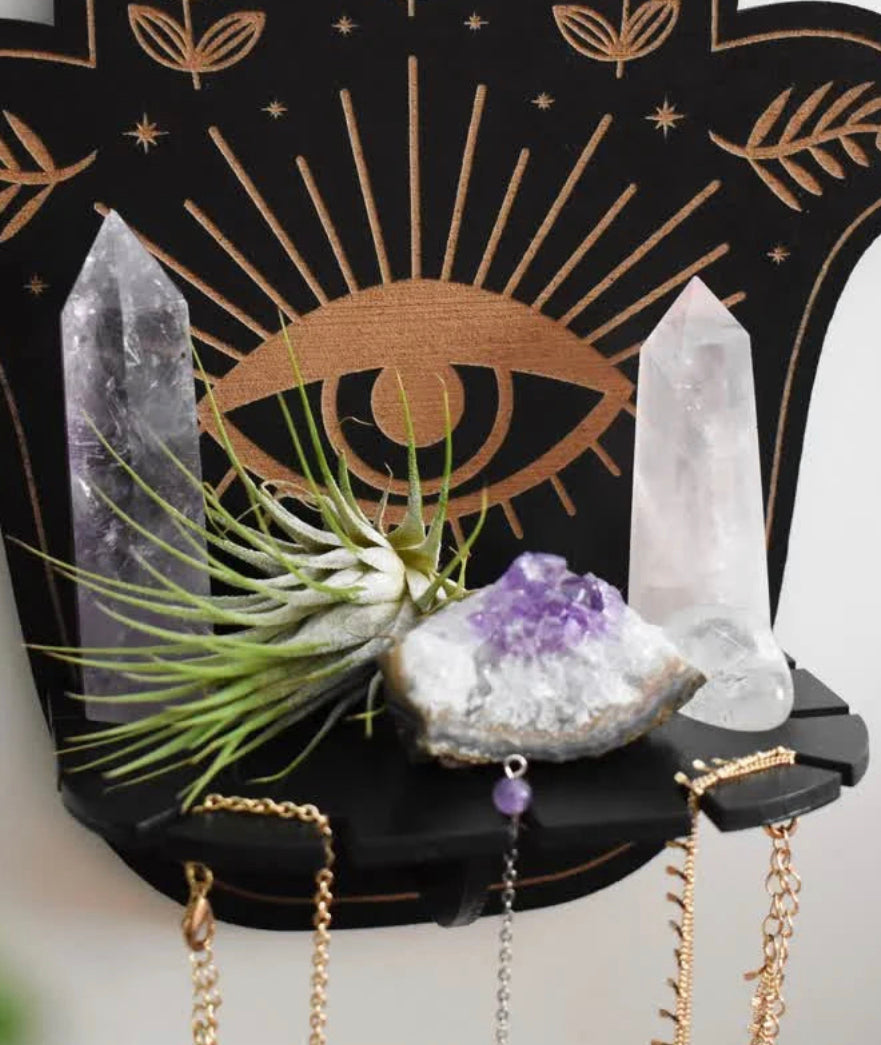 Reiki Hamsa Hand Floral Sun and Moon Altar Crystal Shelf